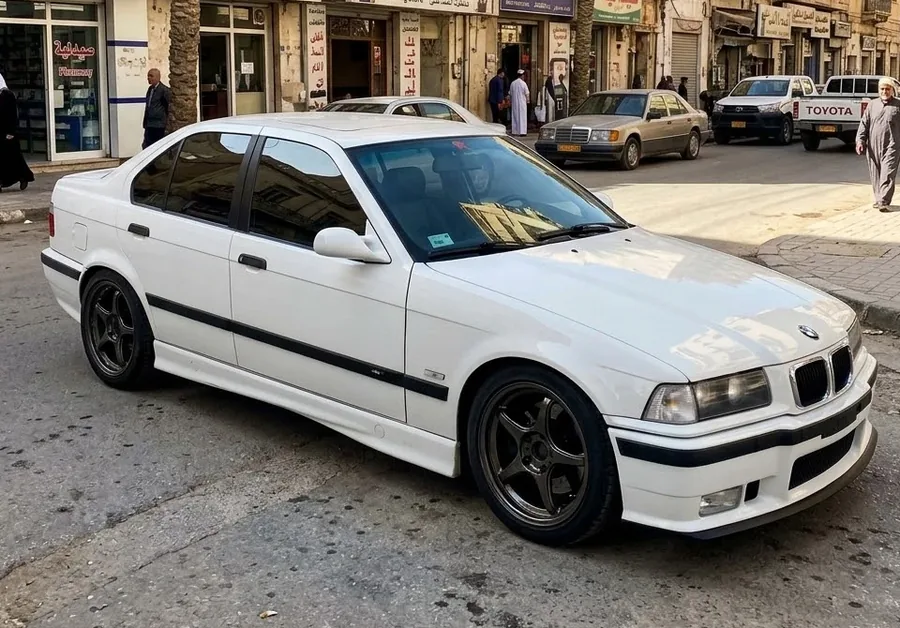 A white BMW E36 sedan parked on a Tripoli street